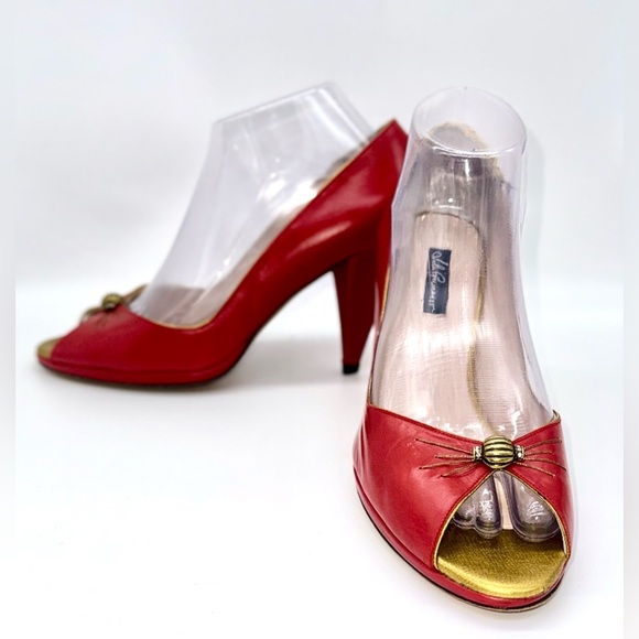 LULU GUINNESS Red Leather 3” Heels Old Style Diamond Accents Size: 39/ US:8 - Picture 3 of 7
